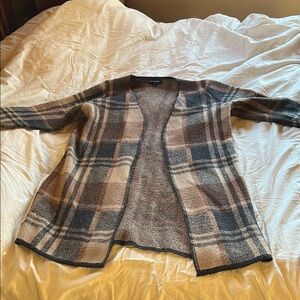 Gray and Brown Plaid Cardigan Sweater with Long Sleeves